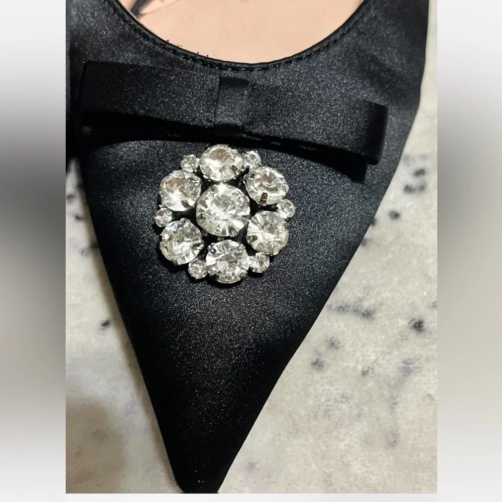 NEW Kate Spade Darlene Black Satin Jewelled Bow Kitten Heel Slide Mules 7.5